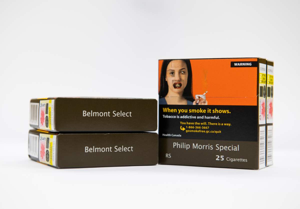 Cigarettes sold in plain packaging are seen in Ottawa, on Thursday, Oct. 17, 2019. 