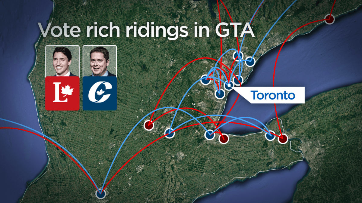 Visits that Liberal Leader Justin Trudeau and Conservative Leader Andrew Scheer have made to Greater Toronto Area by Oct. 2. Southern Ontario is home to a lot of swing ridings that could decide the 2019 vote.