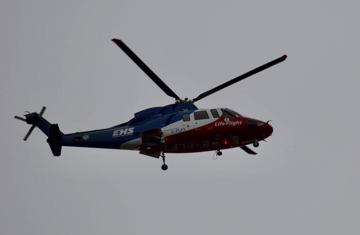 A Nova Scotia LifeFlight Helicopter flies over Halifax on Oct. 13, 2019. 