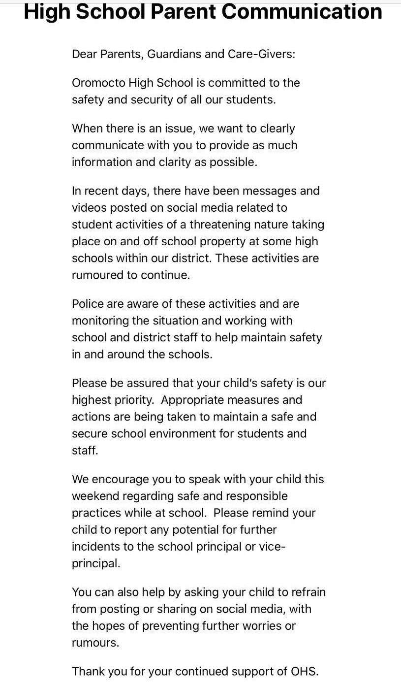 A copy of the letter distributed to students on Oct. 25, in Fredericton, N.B.