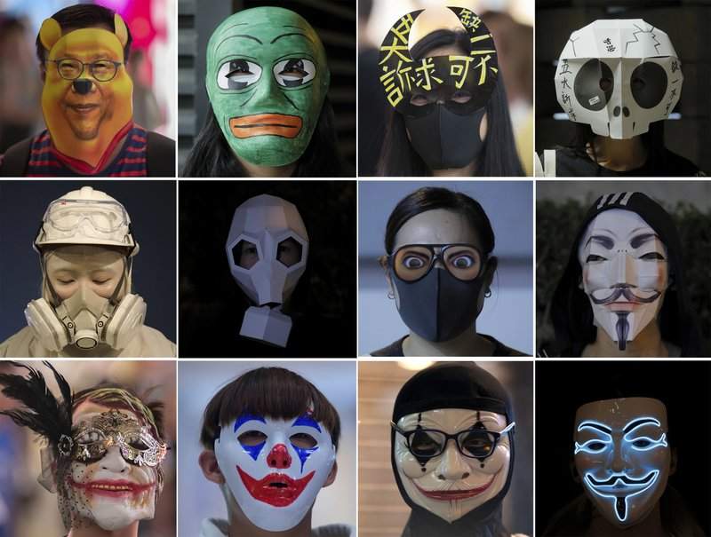 This combination photo shows masked protesters during protests in Hong Kong Friday, Oct. 18, 2019. Hong Kong protesters masqueraded as Winnie the Pooh, Guy Fawkes and other characters in defiance of a government ban on face coverings at public gatherings.