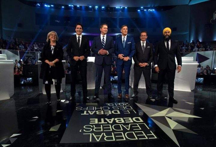 Federal party leaders Green Party leader Elizabeth May, Liberal leader Justin Trudeau, Conservative leader Andrew Scheer, People's Party of Canada leader Maxime Bernier, Bloc Quebecois leader Yves-Francois Blanchet and NDP leader Jagmeet Singh pose for a photograph before the Federal leaders debate in Gatineau, Que. on Monday, Oct. 7, 2019.