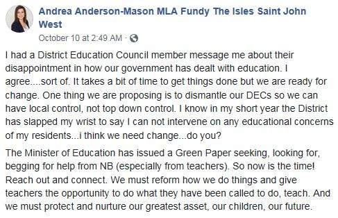 Some people are expressing surprise after NB Justice and Attorney General Andrea Anderson-Mason suggested District Education Councils could be “dismantled” in the future
