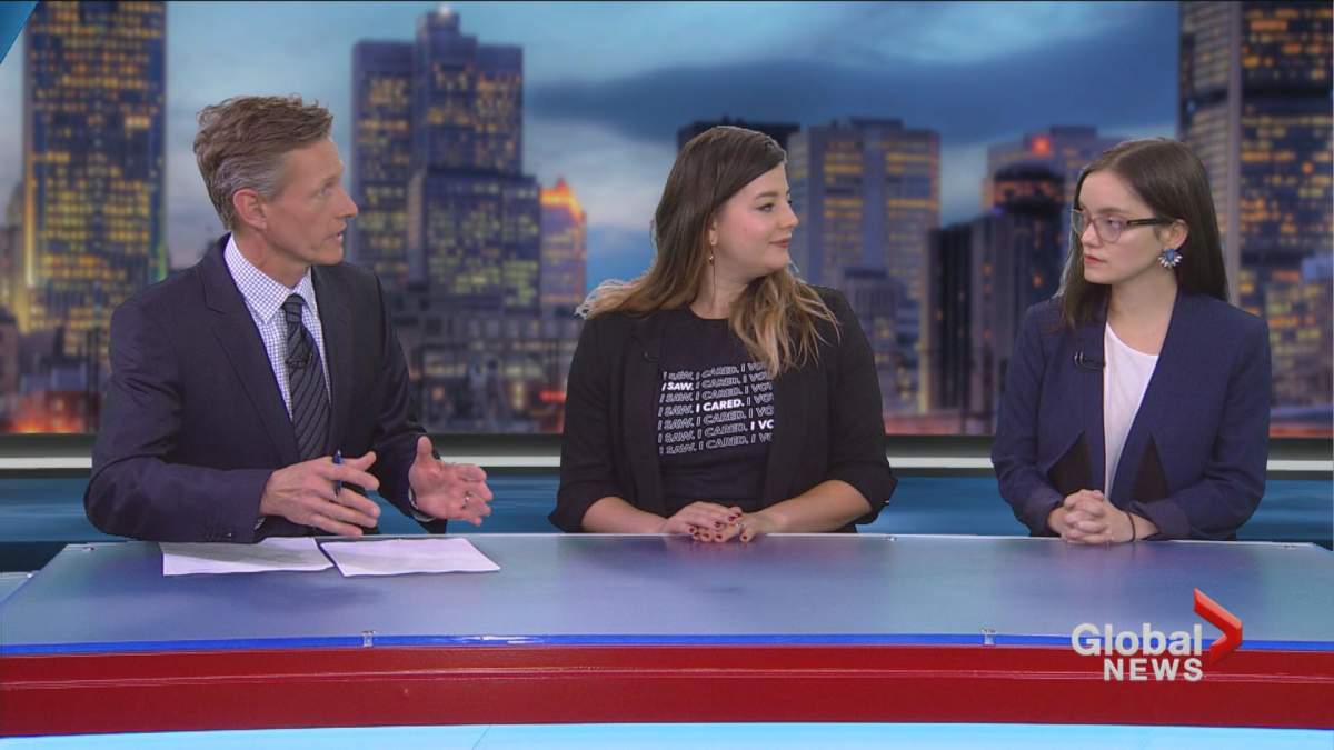 Global's Tim Sargeant discusses the youth vote with Sofia Descalzi, National Chairperson of The Canadian Federation of Students (right), and Samantha Reusch, Research and Evaluations Manager at Apathy is Boring (center).