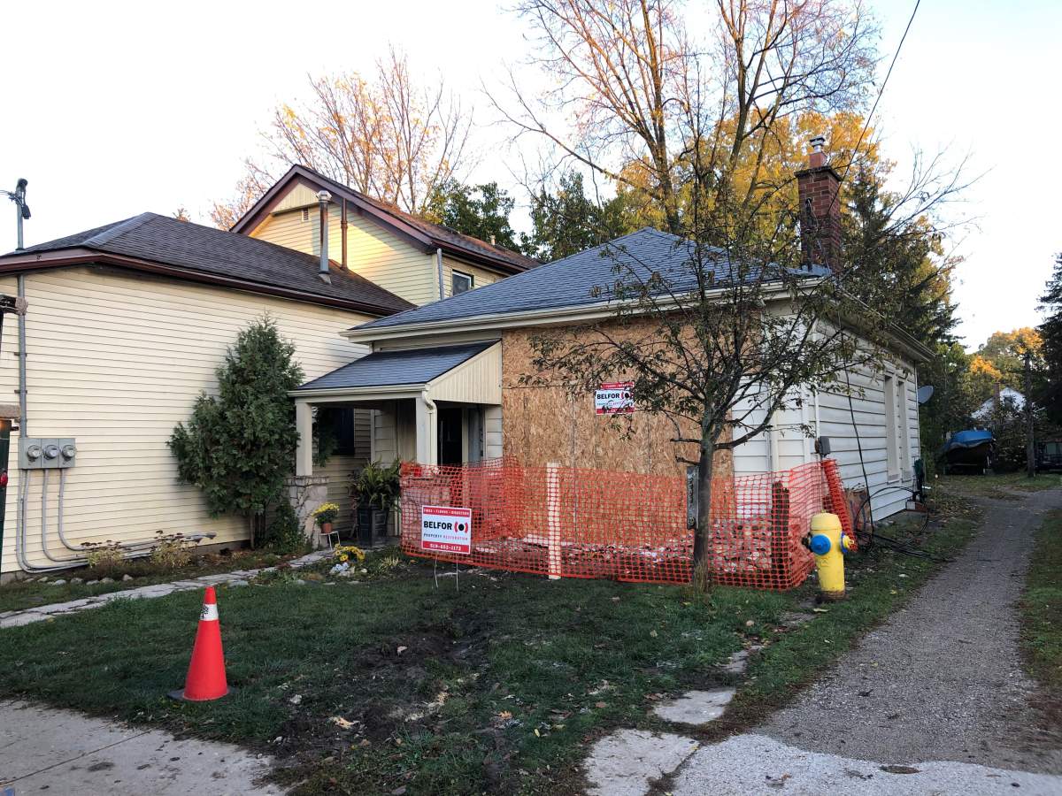 A home across the street from Society Cafe that also fell victim to Sunday morning’s crash. Tire tracks can still be seen in the lawn.