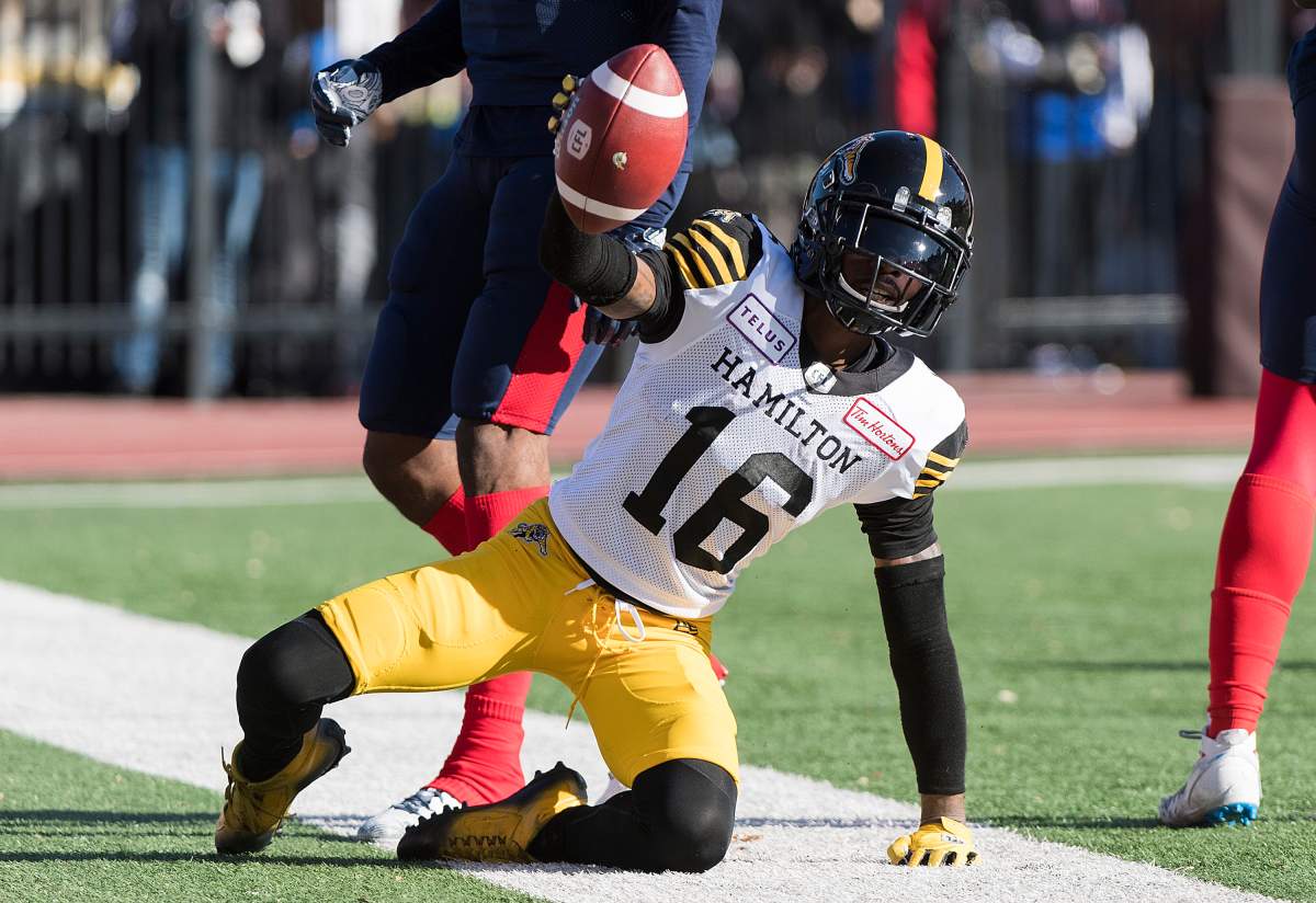 Hamilton Tiger-Cats' Brandon Banks reacts after scoring a touchdwon during second half CFL football action against the Montreal Alouettes, in Montreal, Saturday, Oct. 26, 2019.