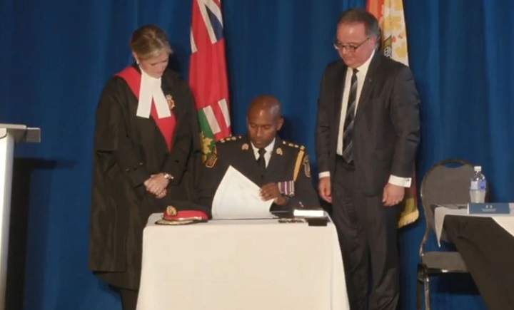 Peel Regional Police Chief Nishan (Nish) Duraiappah signs his oath of office.