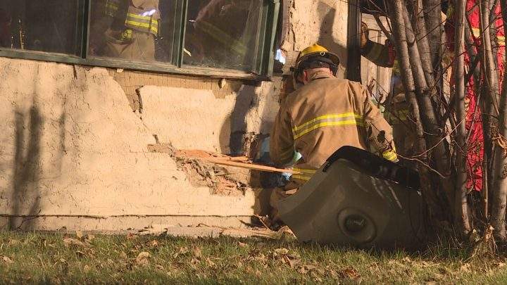 Calgary police are investigating after a vehicle crashed into a house on Madigan Drive N.E. on Wednesday, Oct. 30, 2019.