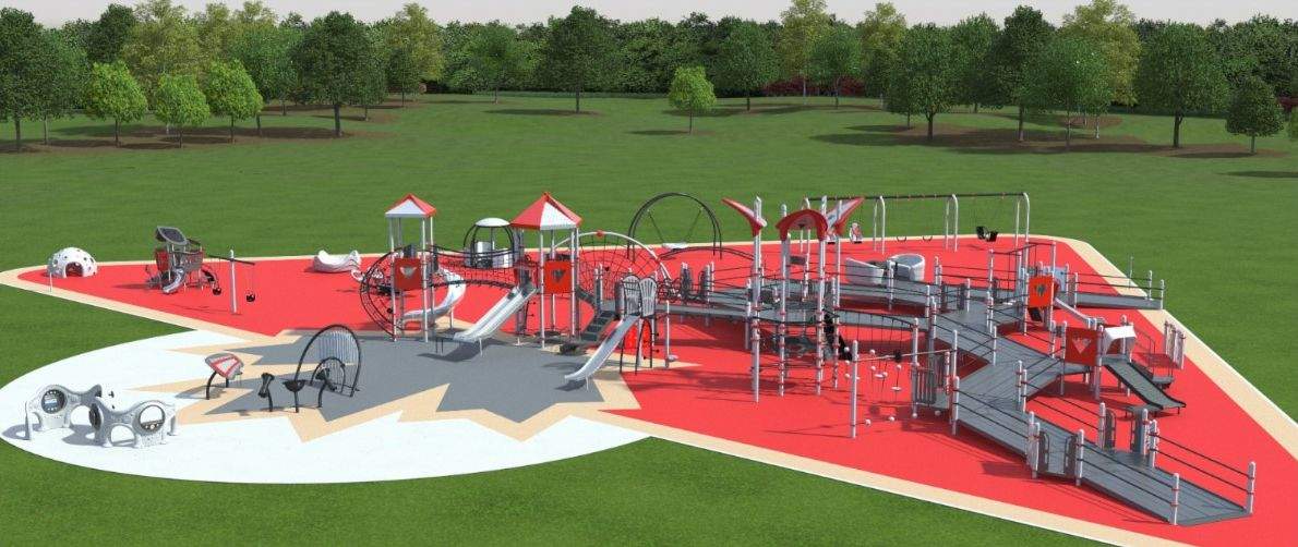 The 16,000 square foot playground in northeast Edmonton’s Clareview Park will have double-wide ramps, a roller slide, a bucket seat with harness swing, a quiet zone designed for children with spectrum disorders, and more.