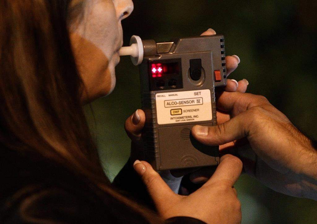 An RCMP officer performs a breathalyzer test on a driver during a roadside check in Surrey, B.C., just before midnight on Friday September 24, 2010.