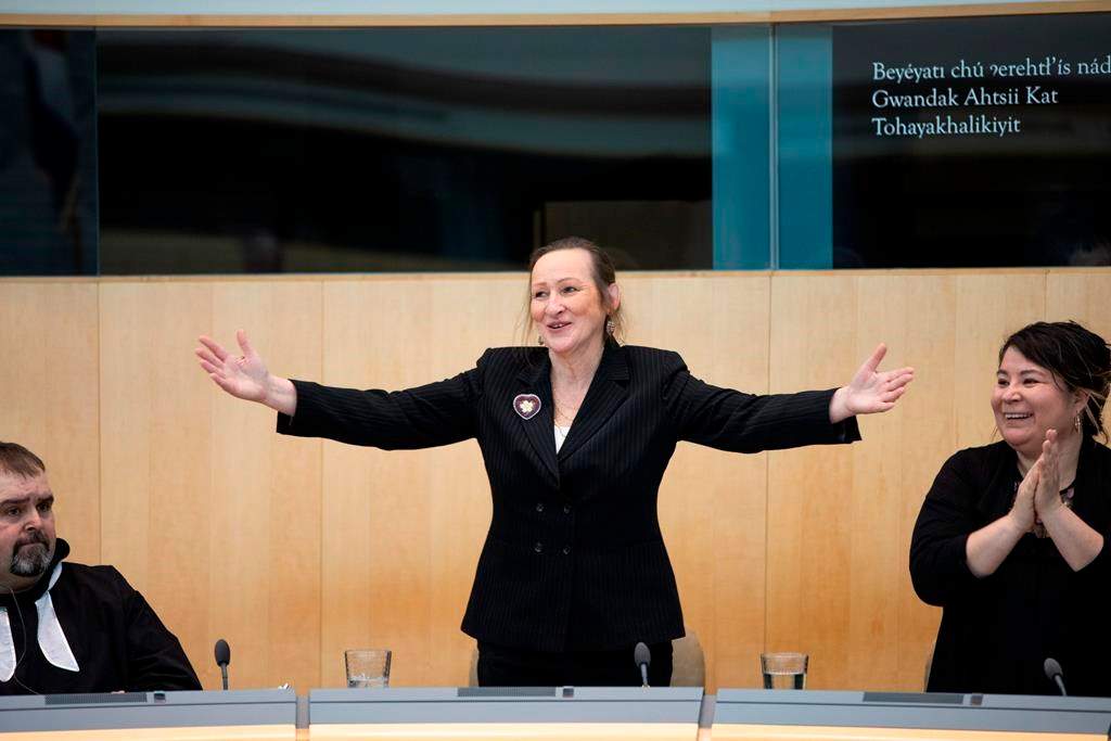 Northwest Territories Premier Caroline Cochrane speaks at the territorial legislature in Yellowknife, Thursday, Oct. 24, 2019.