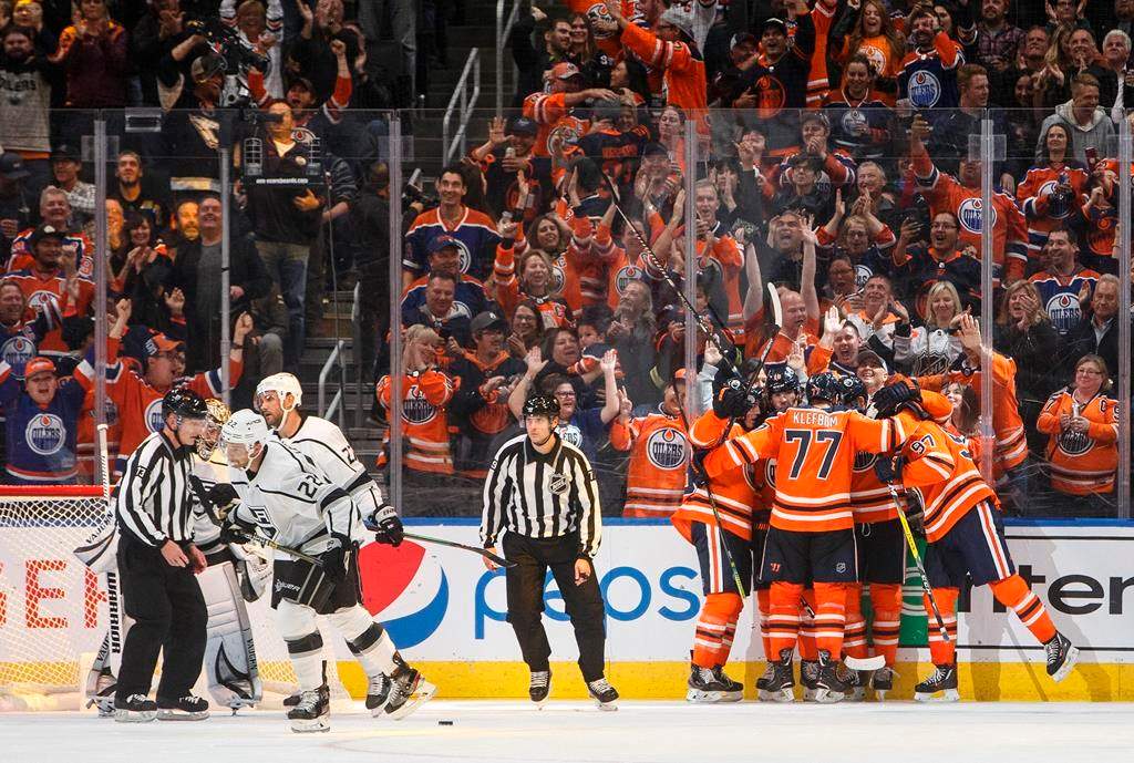 Edmonton Oilers celebrate a goal during third period NHL action against the Los Angeles Kings, in Edmonton, Saturday, Oct. 5, 2019. THE CANADIAN PRESS/Jason Franson.