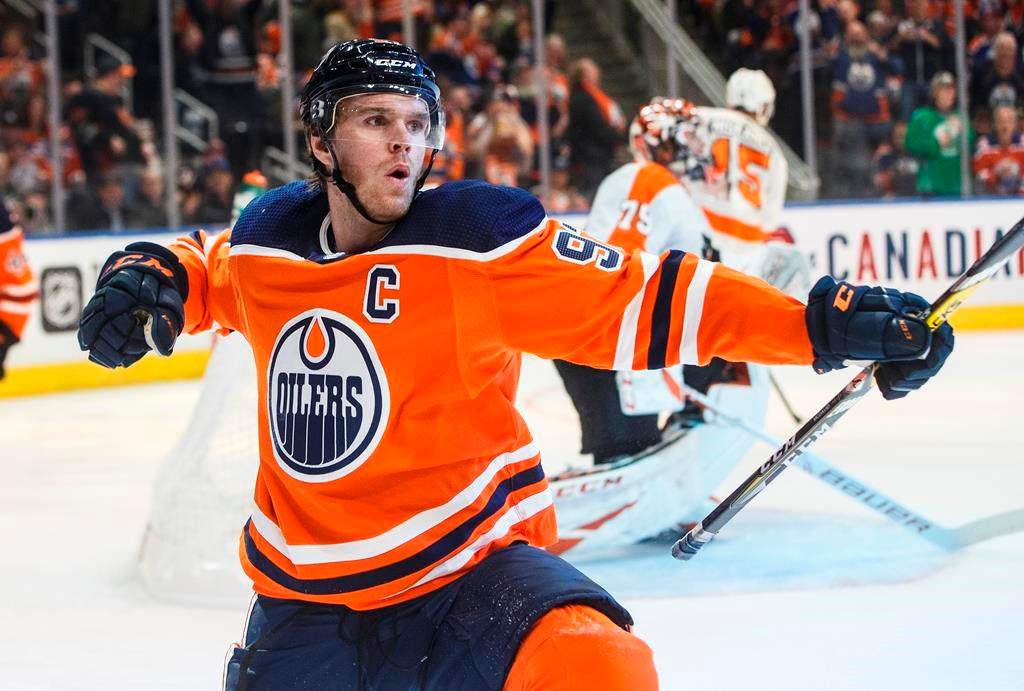 Edmonton Oilers' Connor McDavid (97) celebrates a goal against the Philadelphia Flyers during second period NHL action in Edmonton, Alta., on Wednesday October 16, 2019. THE CANADIAN PRESS/Jason Franson.