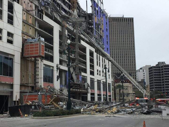 The scene of a collapsed crane in downtown New Orleans.