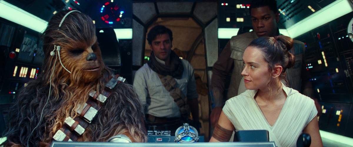 Joonas Suotamo is Chewbacca, Oscar Isaac is Poe Dameron, Daisy Ridley is Rey and John Boyega is Finn in ‘Star Wars: The Rise of Skywalker.’