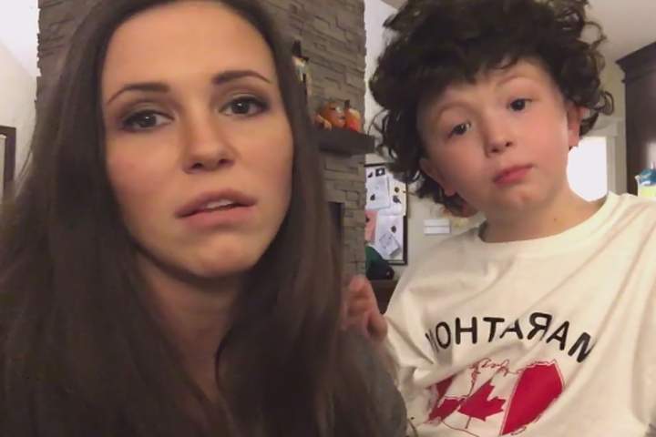 Candice Smallwood is shown with her son, Ethan, who is wearing a Terry Fox Costume, at their home in Clarke’s Beach, N.L., in this image from video taken Oct. 29, 2019.