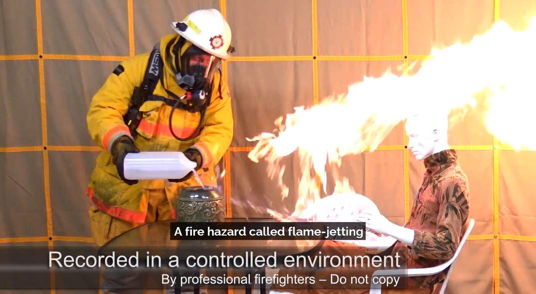 A demonstration of "flame-jetting," which can result when filling a firepot with pourable fuel. 