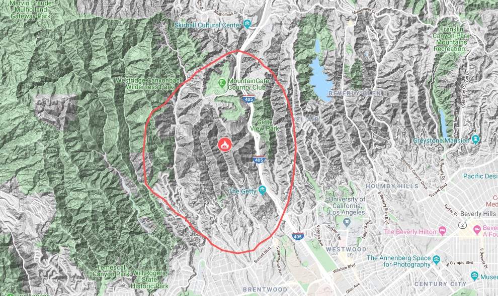 The area of the Getty fire as of Tuesday at 12:30 p.m. EST. (Google Maps/NOAA)
