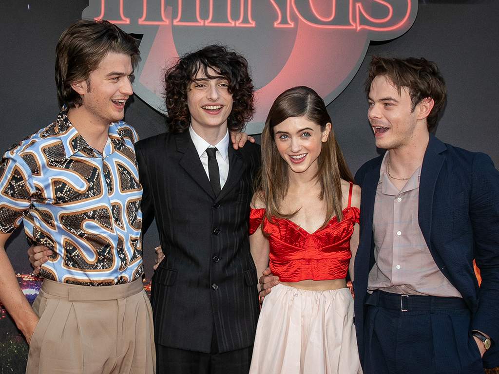 (L-R) Actors Joe Keery, Finn Wolfhard, Natalia Dyer and Charlie Heaton attend the Premiere Of Netflix’s ‘Stranger Things’ At Le Grand Rex on July 4, 2019 in Paris, France.