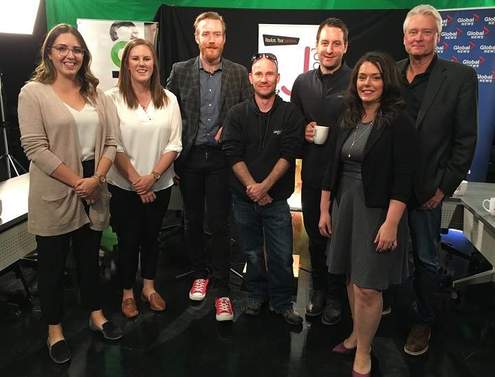 Left to right: Janelle Blakley, Allison Bamford, David Baxter, Sean Lerat-Stetner, Taylor Shire, Kellah Lavoie and Gord Steinke. All graduates from U of R’s School of Journalism. They are all working at Global Regina except for Steinke, who works at Global Edmonton. Jonathan Guignard / Global News