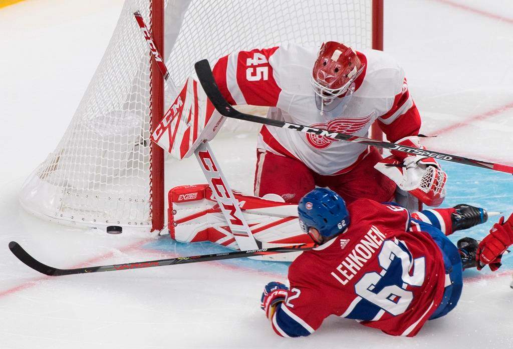 Montreal Canadiens' Artturi Lehkonen slides in on Detroit Red Wings goaltender Jonathan Bernier during third period NHL action in Montreal, Thursday, Oct. 10, 2019.