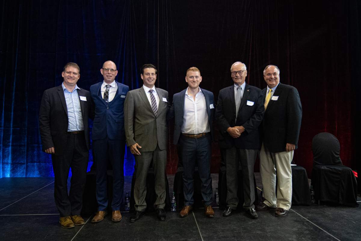 Speakers at Thursday’s announcement – (L-R) Jesse Helmer (City of London), Reg Ash (Western Fair Association), Paul Shand (Middlesex-London Food Policy Council), Nick Spina (LiveFit Foods), Randy Pettapiece (MPP Perth-Wellington), Joe Dales (Western Fair Association)