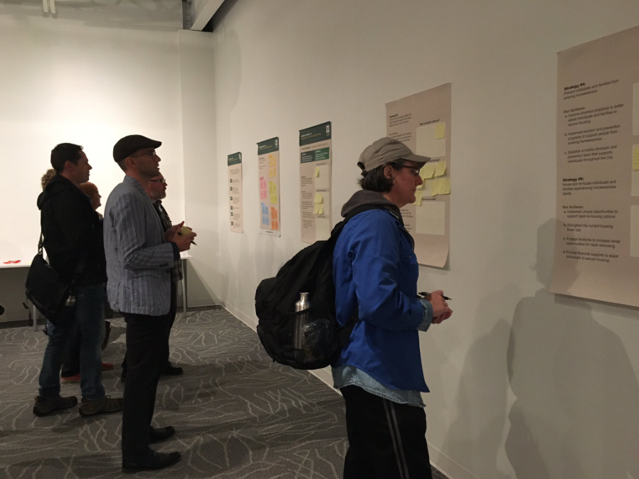 Community members gathered at Goodwill Industries on Horton Street Thursday evening to give feedback on the city's Homelessness Prevention and Housing Plan.