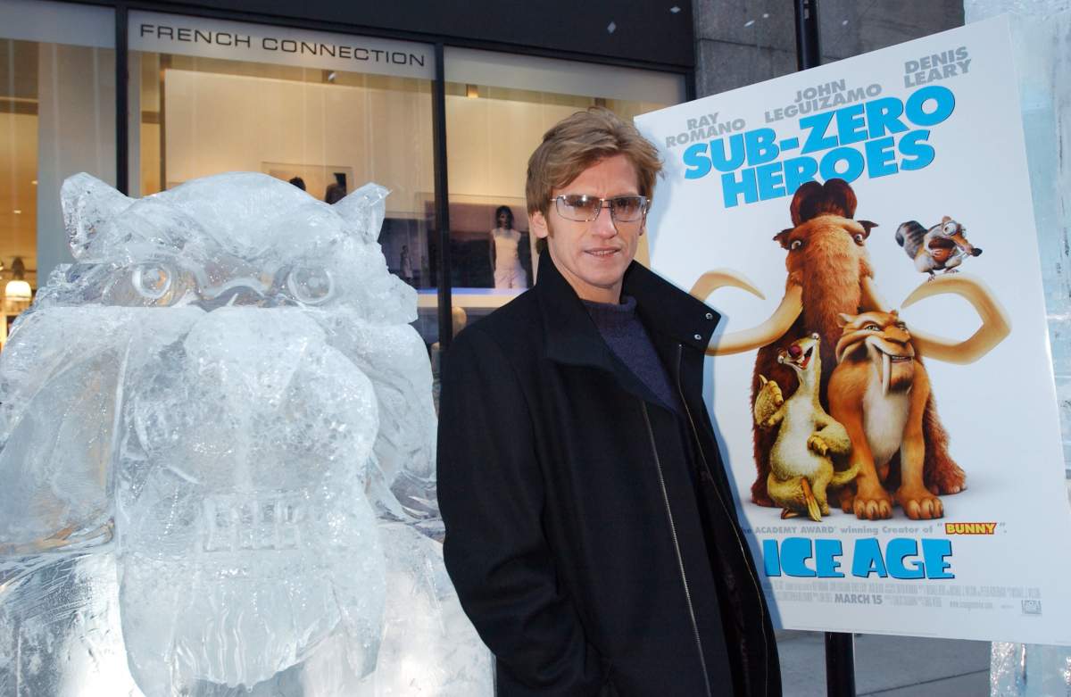 Dennis Leary with an ice sculpture of Diego the Sabre-Toothed Tiger, for which he does the voice, during arrivals at the World Premiere of Twentieth Century Fox’s “Ice Age” at Radio City Music Hall in New York City. March 10, 2002.