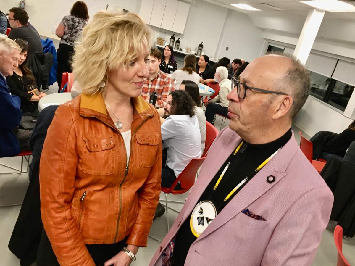 Cornwallis Task Force co-chairs Dr. Monica MacDonald and Chief Roderick Googoo share a conversation during a public information session. 