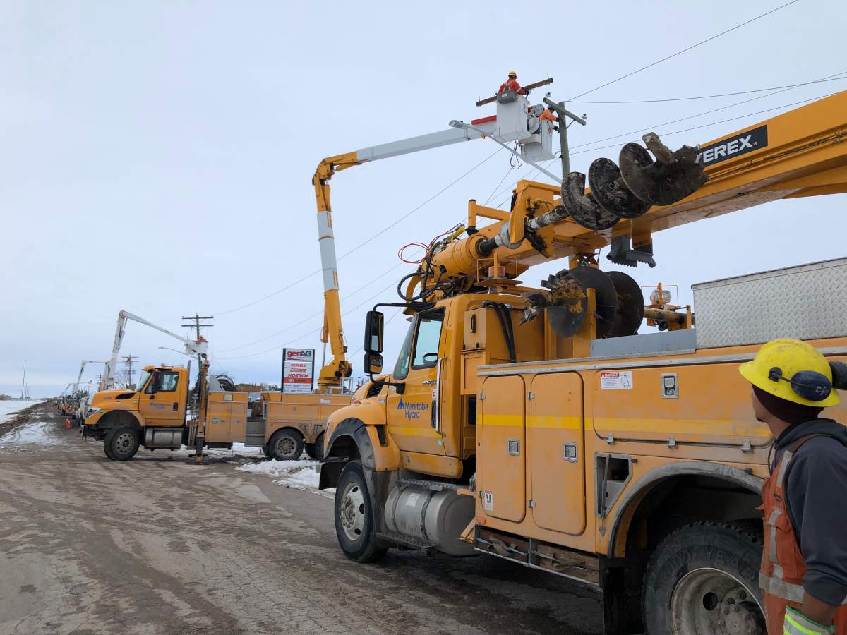 Manitoba Hydro crews on the west side of Portage la Prairie Monday.