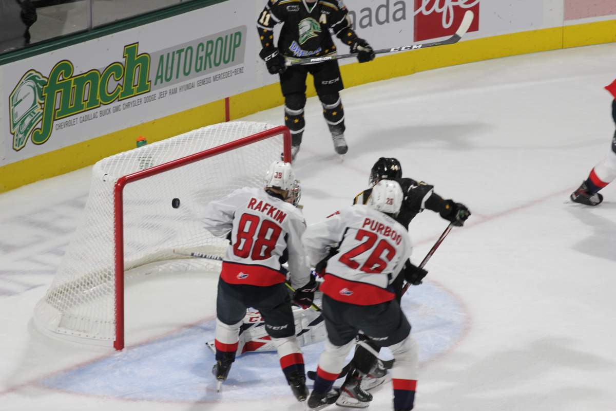 Jonathan Gruden of the London Knights scores a second period goal against the Windsor Spitfires on Oct. 18, 2019, at Budweiser Gardens.