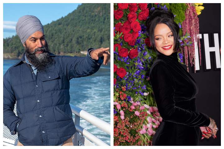 NDP Leader Jagmeet Singh, left, is pictured in Victoria, B.C., on Sept. 28, 2019. Rihanna is shown at Rihanna’s 5th Annual Diamond Ball at Cipriani Wall Street in New York City on Sept. 12, 2019.