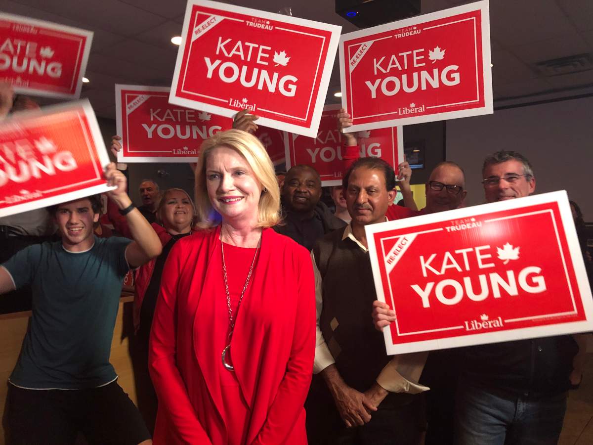London West Liberal MP Kate Young celebrates her win at Kubby's in October 2019.