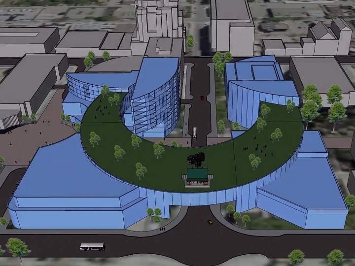 A group says more public consultation is needed to develop a comprehensive plan for the four civic areas in Kelowna’s downtown core. Here, a rendering is shown of what the area could be transformed into, including a rooftop concert venue overlooking Okanagan Lake.