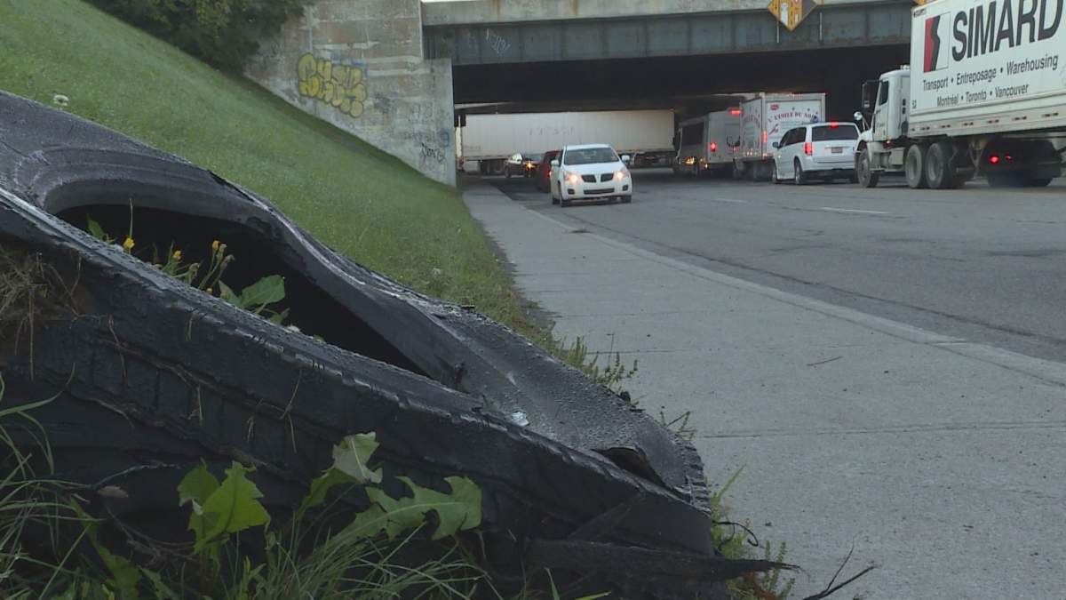A tire sits by the road near 55th Avenue in Montreal’s Lachine borough.