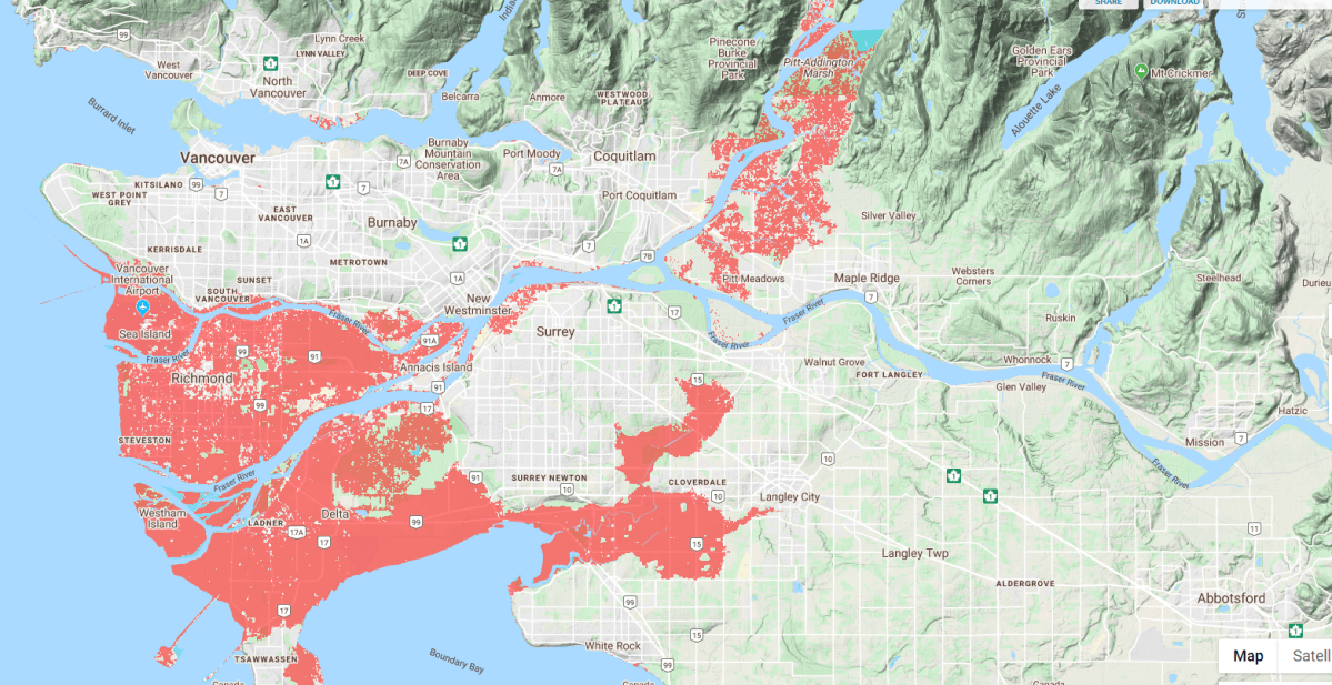 This map projects flooding for the Lower Mainland based on older data that Climate Central says was based on a poor reading of coastal elevations.