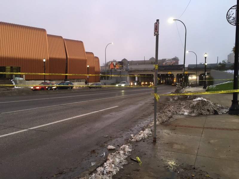 Police are seen blocking off the Main Street underpass. 