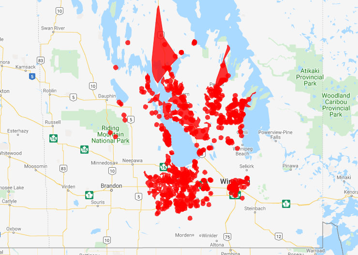 The Manitoba Hydro outages map as of Tuesday morning – a little less red than the previous few days.