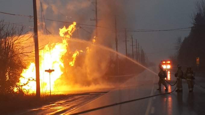 Ottawa Fire Services continue to battle the blaze on Moodie Drive on Thursday morning.