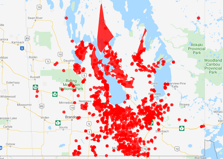 The Manitoba Hydro outages map on Saturday as of 7:15 a.m.