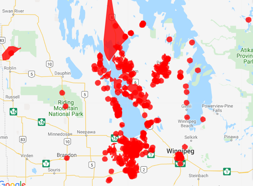 The Manitoba Hydro outages map as of Wednesday morning.