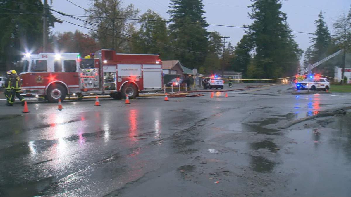 Fire crews on scene after flames broke out at a Port Kells gas station early Oct. 21, 2019. A polling station across the street remained open for Election Day.