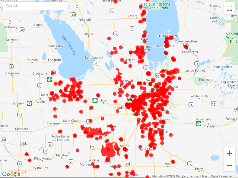 The power outages map on the Manitoba Hydro website Friday morning at 6 a.m.