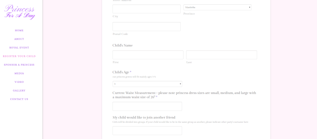 The Princess for a Day registration page.
