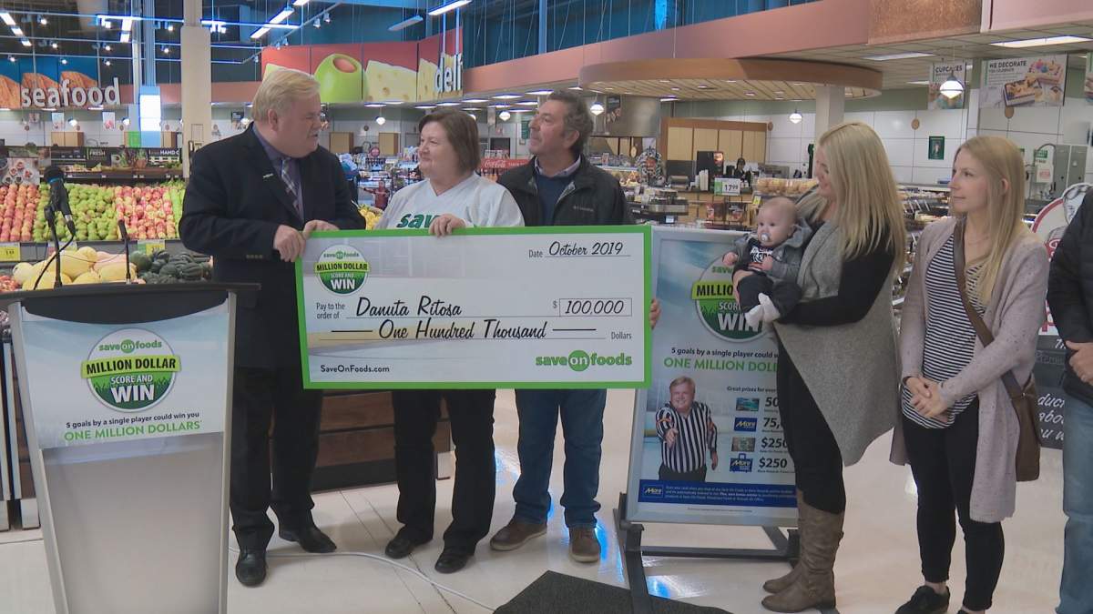 Danuta Ritosa collected her $100,000 prize on Wednesday, Oct. 16 as part of the Save-On-Foods Million-Dollar Score and Win promotion. 
