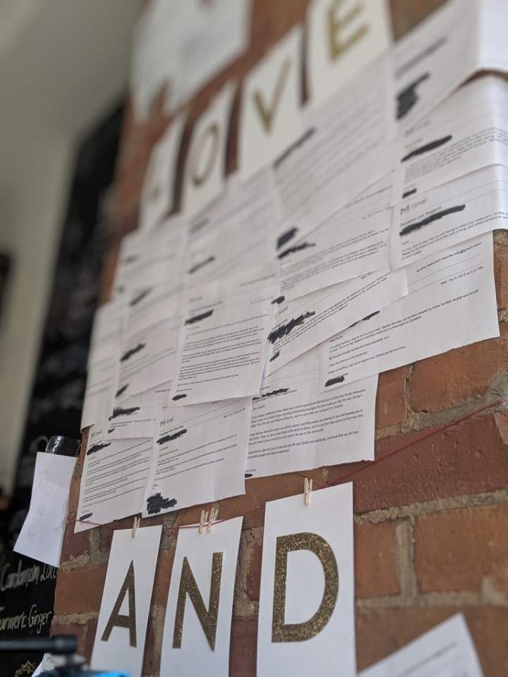 Messages of support sent to Soufi’s restaurant that have been taped to the walls.