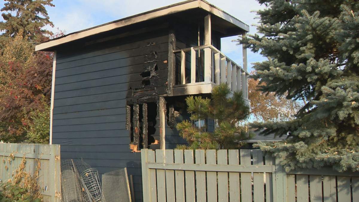 The damage on a shed on Bell Crescent left by a fire that is under investigation.