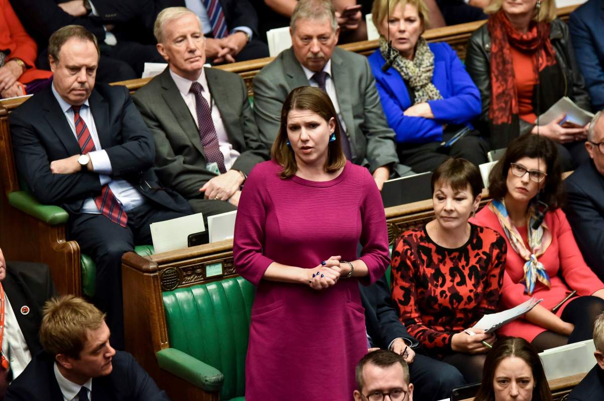 Britain’s opposition Liberal Democrat party leader Jo Swinson speaks during the Brexit debate inside the House of Commons parliament in London Saturday Oct. 19, 2019.
