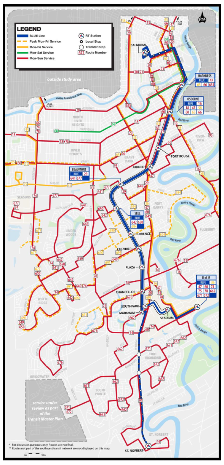 The Blue Line, as illustrated by Winnipeg Transit. The line will follow the Southwest Transit corridor and then continue down into St. Norbert.