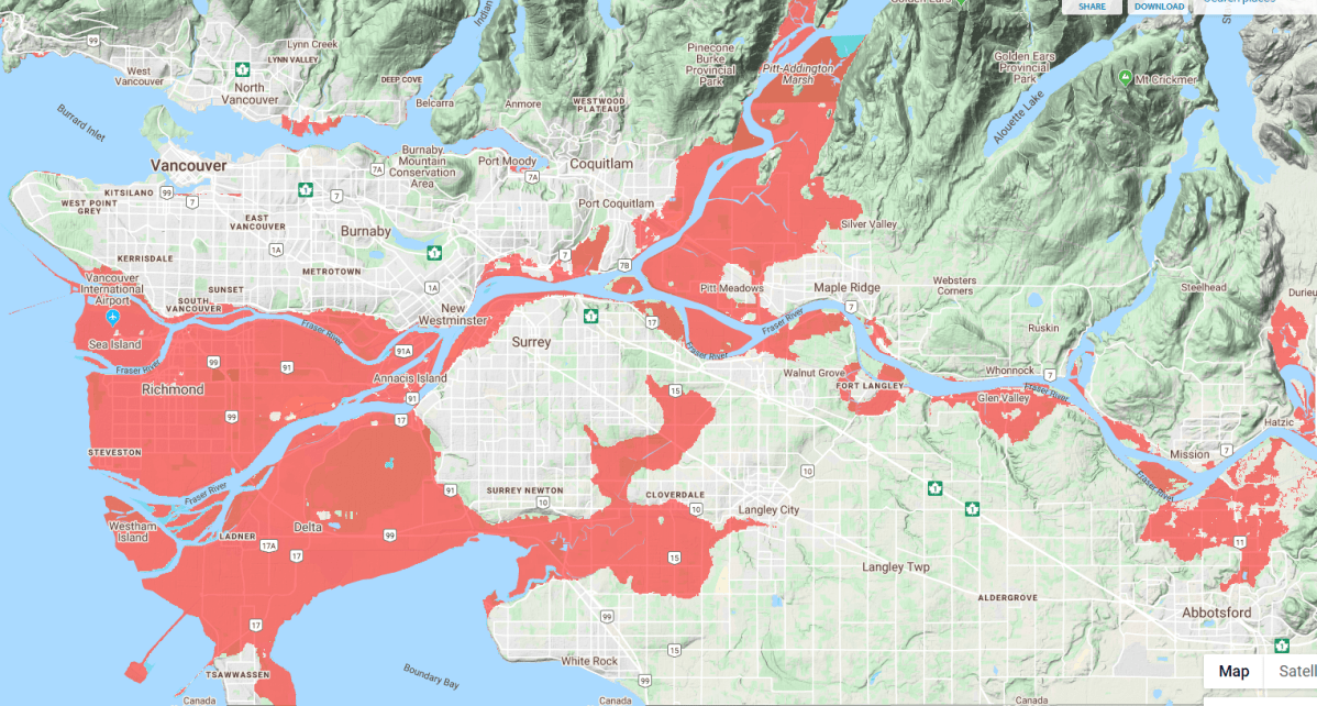 Climate Central's updated projection of flooding due to sea level rise in the Lower Mainland.